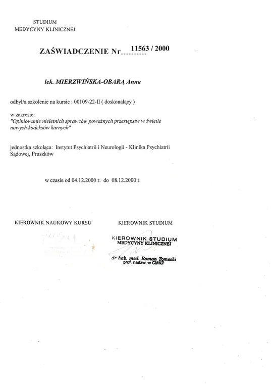 Kurs z psychiatrii sądowej – opiniowanie nieletnich — Pruszków • 2000 • strona 1