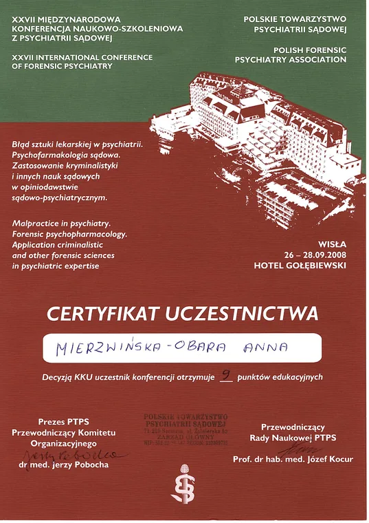 XXVII Międzynarodowa Konferencja z Psychiatrii Sądowej — Wisła • 2008